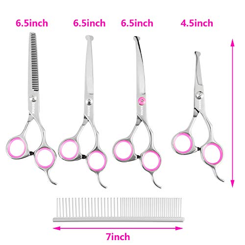 GEMEK Dog Grooming Scissors Set, 4CR Stainless Steel Safety Round Tip Pet Professional Grooming Tool 5 Pieces Kit - Straight, Curved, Thinning Shears & Comb for Dogs, Cats and Other Animals