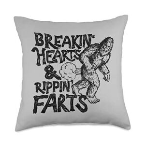 giant step design co. breaking hearts ripping farts funny bigfoot sasquatch gas throw pillow, 18x18, multicolor
