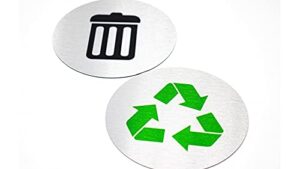 5.5" round, metal trash & recycling signs | set of 2 garbage & recycling bin markers | brushed silver aluminum signs with 1 black trash sign & 1 green recycle sign | signs for sustainability