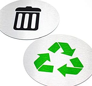 5.5" Round, Metal Trash & Recycling Signs | Set of 2 Garbage & Recycling Bin Markers | Brushed Silver Aluminum Signs with 1 Black Trash Sign & 1 Green Recycle Sign | Signs for Sustainability