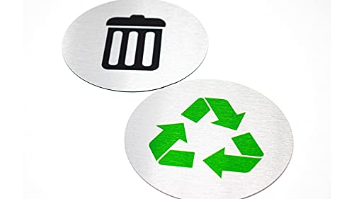 5.5" Round, Metal Trash & Recycling Signs | Set of 2 Garbage & Recycling Bin Markers | Brushed Silver Aluminum Signs with 1 Black Trash Sign & 1 Green Recycle Sign | Signs for Sustainability