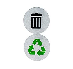 5.5" Round, Metal Trash & Recycling Signs | Set of 2 Garbage & Recycling Bin Markers | Brushed Silver Aluminum Signs with 1 Black Trash Sign & 1 Green Recycle Sign | Signs for Sustainability