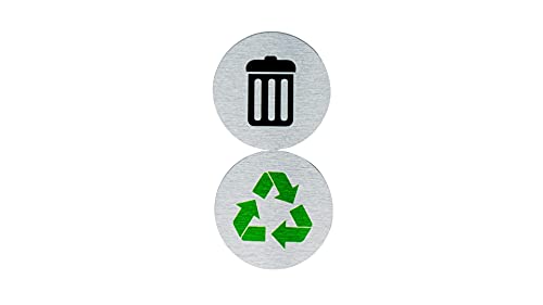 5.5" Round, Metal Trash & Recycling Signs | Set of 2 Garbage & Recycling Bin Markers | Brushed Silver Aluminum Signs with 1 Black Trash Sign & 1 Green Recycle Sign | Signs for Sustainability