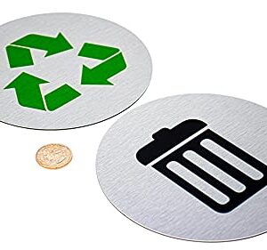 5.5" Round, Metal Trash & Recycling Signs | Set of 2 Garbage & Recycling Bin Markers | Brushed Silver Aluminum Signs with 1 Black Trash Sign & 1 Green Recycle Sign | Signs for Sustainability