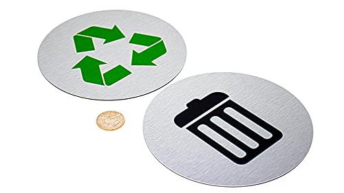 5.5" Round, Metal Trash & Recycling Signs | Set of 2 Garbage & Recycling Bin Markers | Brushed Silver Aluminum Signs with 1 Black Trash Sign & 1 Green Recycle Sign | Signs for Sustainability