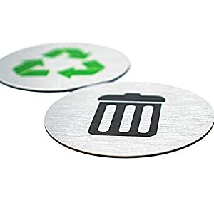 5.5" Round, Metal Trash & Recycling Signs | Set of 2 Garbage & Recycling Bin Markers | Brushed Silver Aluminum Signs with 1 Black Trash Sign & 1 Green Recycle Sign | Signs for Sustainability