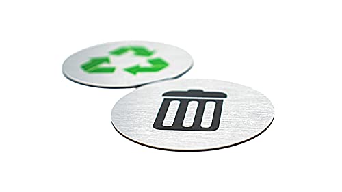 5.5" Round, Metal Trash & Recycling Signs | Set of 2 Garbage & Recycling Bin Markers | Brushed Silver Aluminum Signs with 1 Black Trash Sign & 1 Green Recycle Sign | Signs for Sustainability