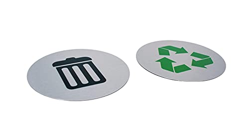 5.5" Round, Metal Trash & Recycling Signs | Set of 2 Garbage & Recycling Bin Markers | Brushed Silver Aluminum Signs with 1 Black Trash Sign & 1 Green Recycle Sign | Signs for Sustainability