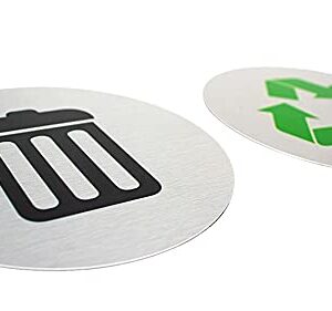 5.5" Round, Metal Trash & Recycling Signs | Set of 2 Garbage & Recycling Bin Markers | Brushed Silver Aluminum Signs with 1 Black Trash Sign & 1 Green Recycle Sign | Signs for Sustainability