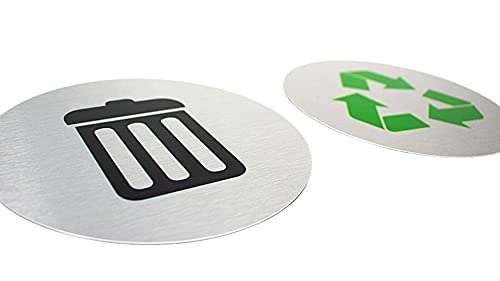 5.5" Round, Metal Trash & Recycling Signs | Set of 2 Garbage & Recycling Bin Markers | Brushed Silver Aluminum Signs with 1 Black Trash Sign & 1 Green Recycle Sign | Signs for Sustainability