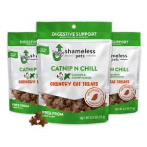 shameless pets catnip treats - crunchy cat calming treats with digestive support, sustainable upcycled natural ingredients & real chicken, low calorie healthy feline food - catnip n chill, 3-pk