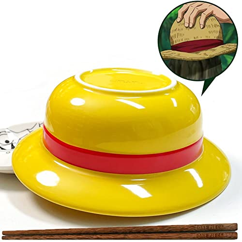 LVMMO ONE PIECE Anime Ramen Bowl Set with Wooden Chopsticks for Noodles, Luffy Straw Hat Ramen Bowl for Udon Soba Salad and Anime Fan Item Gift, Ceramic