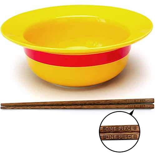 LVMMO ONE PIECE Anime Ramen Bowl Set with Wooden Chopsticks for Noodles, Luffy Straw Hat Ramen Bowl for Udon Soba Salad and Anime Fan Item Gift, Ceramic