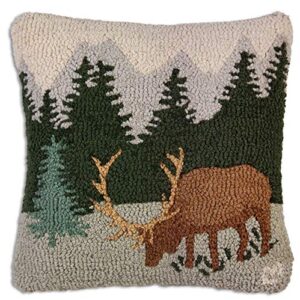 chandler 4 corners artist-designed mountain elk hand-hooked wool decorative throw pillow (18” x 18”)