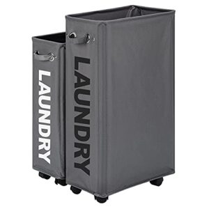 lifesela x-large rolling laundry hamper, 27" tall slim laundry basket with mesh liner, collapsible dirty clothes hamper with handle, corner laundry bin laundry cart with wheels (grey)