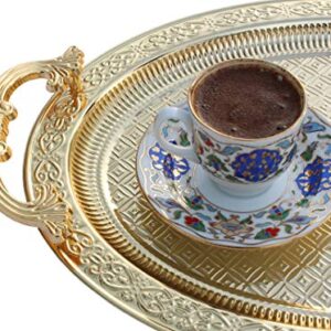 BAYKUL Turkish Ottoman Coffee Tea Beverage Gold Serving Oval Tray, Luxury Metal Chrom Moroccan Decorative Breakfast Dinner Table, Ottoman Trays Extra Large (Gold)