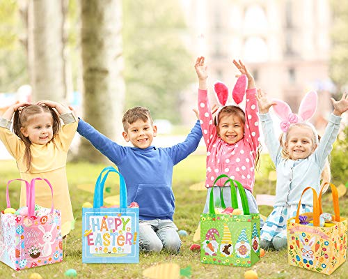 Whaline Easter Non-Woven Gift Bags with Handles Reusable Waterproof Tote Bags Bunny Easter Egg Cute Gnome for Easter Holiday Gifts Wrapping Egg Hunt Game Spring Party Gifts Wrapping, 8 Pack