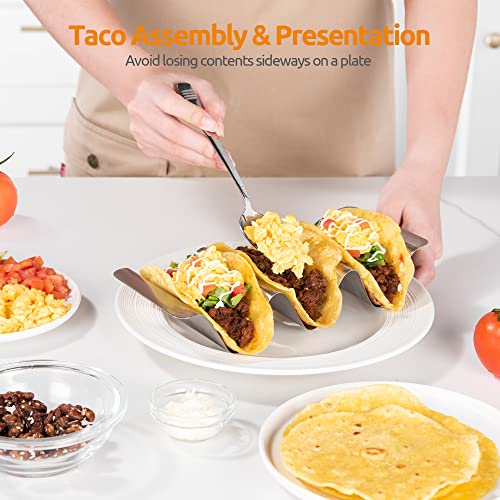 18/8 Stainless Steel Taco Holders: U-Taste Soft Hard Taco Shell Rack Oven Safe Metal Corn Tortilla Serving Tray Plates Stand Set with Handle and Rounded Curves (Set of 4)