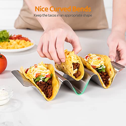 18/8 Stainless Steel Taco Holders: U-Taste Soft Hard Taco Shell Rack Oven Safe Metal Corn Tortilla Serving Tray Plates Stand Set with Handle and Rounded Curves (Set of 4)