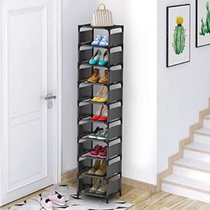 sunvito 10 Tiers Shoe Rack, 10 Pairs Space Saving Shoe Shelf Organizer, Tall Narrow Shoe Rack for Entryway, Closet (Black)