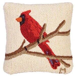 chandler 4 corners artist-designed cardinal on white hand-hooked wool decorative throw pillow (14” x 14”)