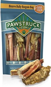 pawstruck “bizarre” bully sticks for dogs (by weight) eco-conscious, bulk, natural & odorless bullie bones made for k9 & puppies - long lasting chew by usa company (8" to 12" sticks, 1lb. bag)