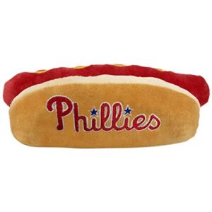 pets first mlb philadelphia phillies hot dog toy - cutest plush toy for dogs & cats with 2 inner squeakers & premium embroidery of baseball team name/logo, team color, medium (php-3354)