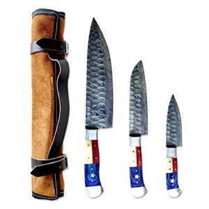 breliser- 3-piece knives set for kitchen, damascus chef knife set with professional chef knife, santoku knife, & paring knife, full diamond-hammered kitchen knifes with texas handles, gifts for chefs