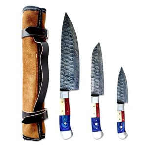 Breliser- 3-Piece Knives Set for Kitchen, Damascus Chef Knife Set With Professional Chef Knife, Santoku Knife, & Paring Knife, Full Diamond-Hammered Kitchen Knifes With Texas Handles, Gifts for Chefs