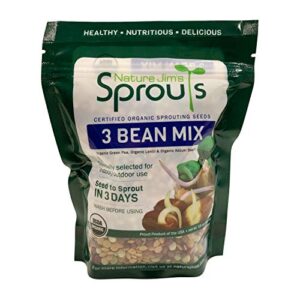 nature jims sprouts 3 bean seed mix - certified organic green pea, lentil, adzuki bean seeds for planting - non-gmo vegetable seeds - resealable bag for freshness - fast sprouting bean seeds - 16 oz