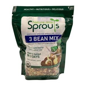 Nature Jims Sprouts 3 Bean Seed Mix - Certified Organic Green Pea, Lentil, Adzuki Bean Seeds for Planting - Non-GMO Vegetable Seeds - Resealable Bag for Freshness - Fast Sprouting Bean Seeds - 16 Oz