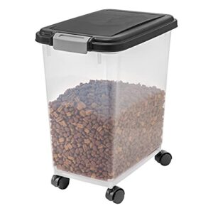 iris usa 25lbs./33qt. weatherpro airtight pet food storage container with attachable casters, for dog cat bird and other pet food storage bin, keep fresh, translucent body, easy mobility, black