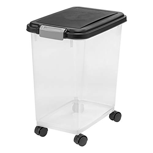 IRIS USA 25Lbs./33Qt. WeatherPro Airtight Pet Food Storage Container with Attachable Casters, For Dog Cat Bird and Other Pet Food Storage Bin, Keep Fresh, Translucent Body, Easy Mobility, Black