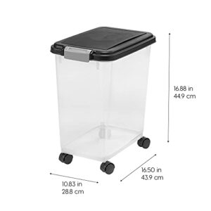 IRIS USA 25Lbs./33Qt. WeatherPro Airtight Pet Food Storage Container with Attachable Casters, For Dog Cat Bird and Other Pet Food Storage Bin, Keep Fresh, Translucent Body, Easy Mobility, Black