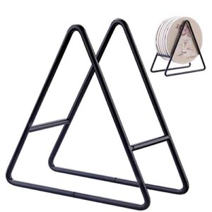2pc rojoser triangle coaster holder black iron metal holder storage caddy for both round and square coasters fit 4 to 9 pieces coasters,4.3 inch
