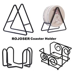 2PC ROJOSER Triangle Coaster Holder Black Iron Metal Holder Storage Caddy for Both Round and Square Coasters Fit 4 to 9 Pieces Coasters,4.3 Inch