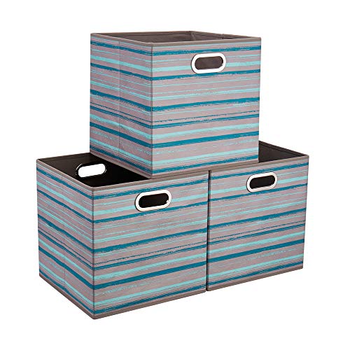 Teal Collapsible Cube Storage Bins 10.5x10.5 x 11 in Foldable Gray Fabric Organizer Bins Storage Cubes Cloth Storage Inserts Drawer Cube Storage Boxes Folding Beach Storage Baskets,QY-SC12-3