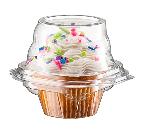 Prestee 50 Individual Cupcake Containers - Stackable | Cupcake Boxes Individual | Cupcake Holders | Single Cupcake Boxes | With Connected Airtight Deep Dome Lid | BPA-Free