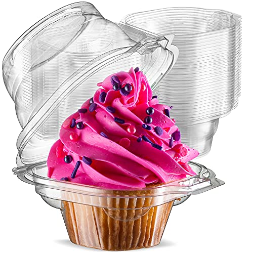 Prestee 50 Individual Cupcake Containers - Stackable | Cupcake Boxes Individual | Cupcake Holders | Single Cupcake Boxes | With Connected Airtight Deep Dome Lid | BPA-Free