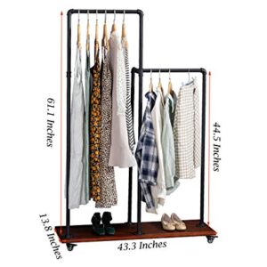 Hanging Clothes Rack with Shelves,Industrial Pipe Clothing Rack on Wheels,Heavy Duty Rolling Garment Rack - Clothes Racks for Hanging Clothes - Natural Wood Base