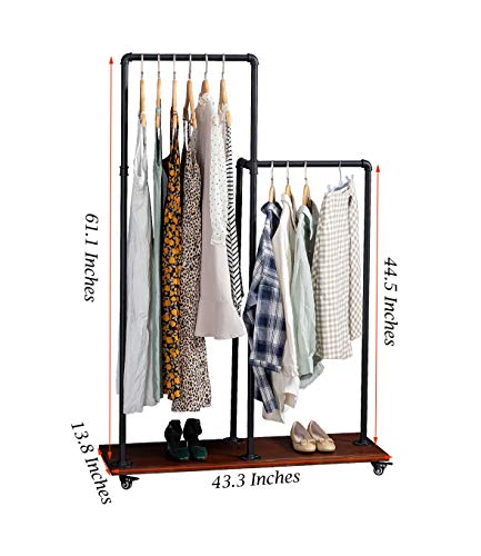 Hanging Clothes Rack with Shelves,Industrial Pipe Clothing Rack on Wheels,Heavy Duty Rolling Garment Rack - Clothes Racks for Hanging Clothes - Natural Wood Base