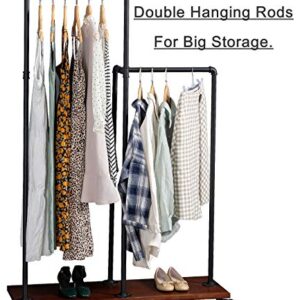 Hanging Clothes Rack with Shelves,Industrial Pipe Clothing Rack on Wheels,Heavy Duty Rolling Garment Rack - Clothes Racks for Hanging Clothes - Natural Wood Base