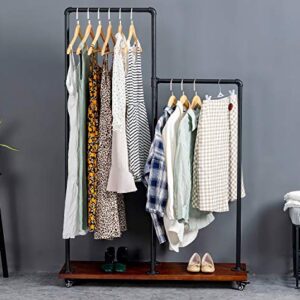 Hanging Clothes Rack with Shelves,Industrial Pipe Clothing Rack on Wheels,Heavy Duty Rolling Garment Rack - Clothes Racks for Hanging Clothes - Natural Wood Base