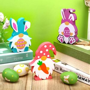 3 Pieces Easter Gnomes Shape Wood Sign Cute Standing Gnomes Easter Wood Crafts Easter Themed Freestanding Table Decorations for Desk Office Home Party (Gnome and Rabbit)