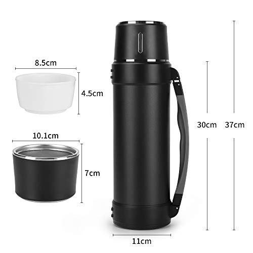 Stainless Steel Thermos with Cup – 61oz Double-Wall Vacuum Insulated Water Bottle for Travel – Camping Coffee Thermoses with Handle – Keeps Liquid Hot or Cold,Leak Resistant,Black