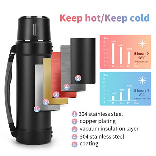 Stainless Steel Thermos with Cup – 61oz Double-Wall Vacuum Insulated Water Bottle for Travel – Camping Coffee Thermoses with Handle – Keeps Liquid Hot or Cold,Leak Resistant,Black