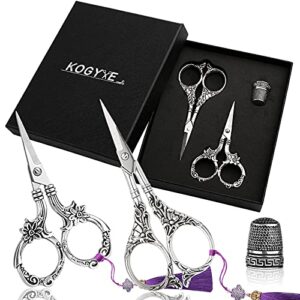 2 pairs embroidery scissors set, sewing scissors sharp tip stainless steel, vintage european design scissors with tassel,thimble, diy tools dressmaker shears for fabric, embroidery, needlework(silver)