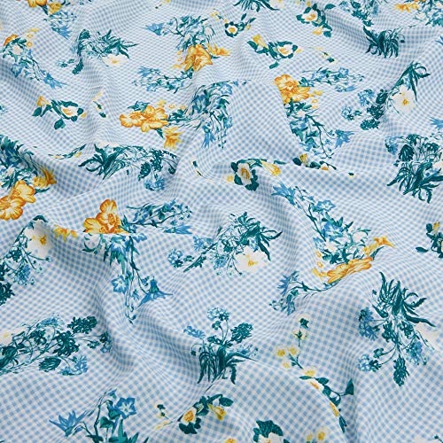 Poplin Gingham Floral Blue/White, Fabric by the Yard