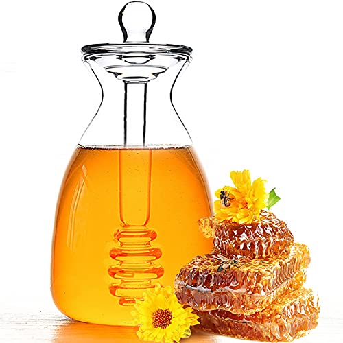 DOKIMIYA Honey Pot Glass Honey Dispenser Jar with Dipper and Lid Cover for Home Kitchen, Clear, 14 Ounces