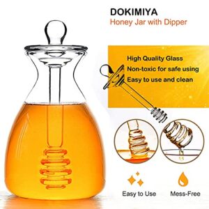 DOKIMIYA Honey Pot Glass Honey Dispenser Jar with Dipper and Lid Cover for Home Kitchen, Clear, 14 Ounces